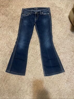 Dark Blue Flare Jeans with Contrast Stitching